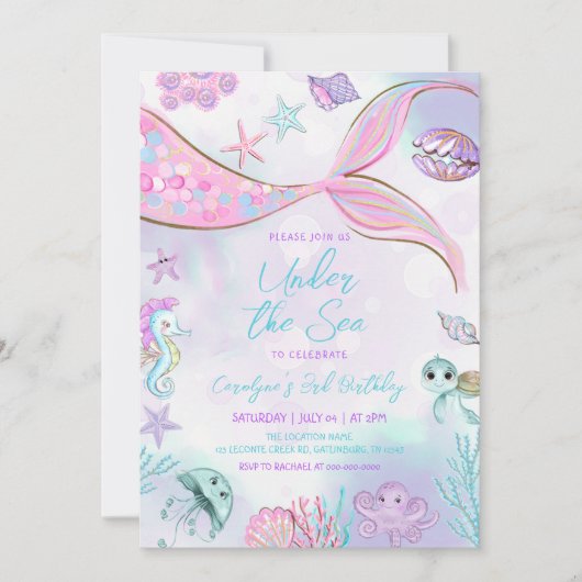 マーメイド誕生日アンダーザシーベビーガール誕生日 招待状 (正面)