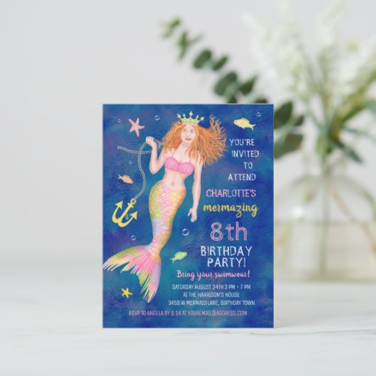 マーメイド誕生日アンダーザシーレッドヘッドプールパーティー インビテーションポストカード (スタンド正面)