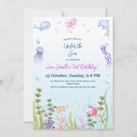 マーメイド誕生日キッズカラフル海動物パーティー 招待状 (正面)