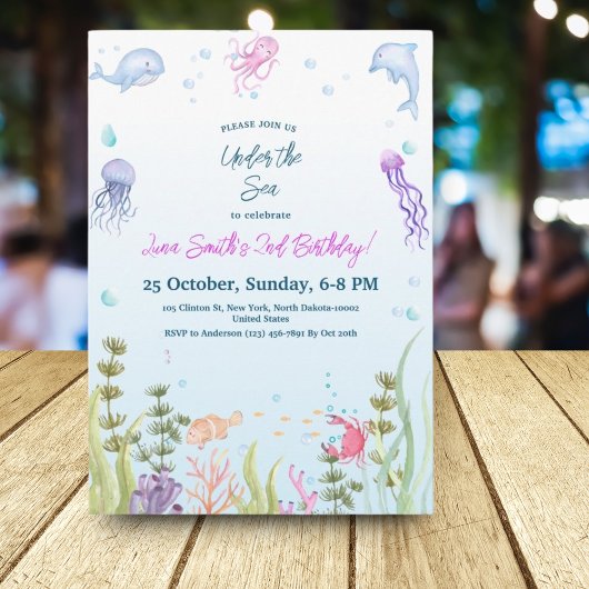 マーメイド誕生日キッズカラフル海動物パーティー 招待状