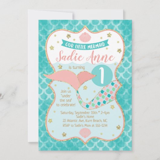 マーメイド誕生日コーラルアンドティール（緑がかった色） 招待状 (正面)