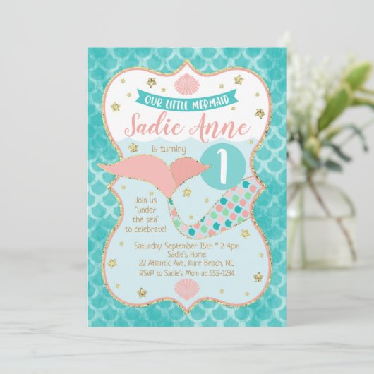 マーメイド誕生日コーラルアンドティール（緑がかった色） 招待状 (スタンド正面)
