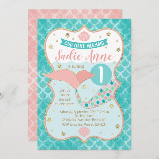 マーメイド誕生日コーラルアンドティール(緑がかった色) 招待状 (正面/裏面)