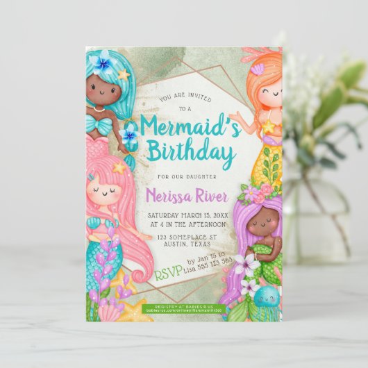 マーメイド誕生日テーマかわいい漫画の人魚 招待状 (スタンド正面)