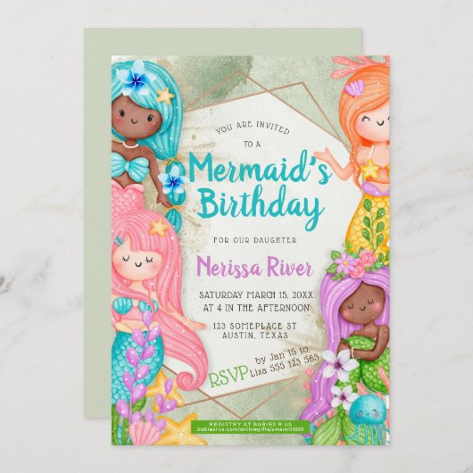 マーメイド誕生日テーマかわいい漫画の人魚 招待状 (正面/裏面)