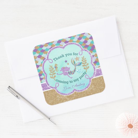 マーメイド誕生日パーティーありがとうお気に入りシール スクエアシール (封筒)