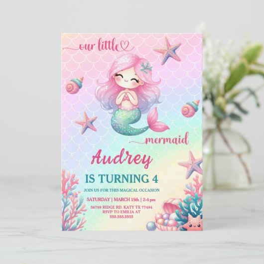マーメイド誕生日パーティーの招待 招待状 (スタンド正面)