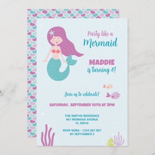 マーメイド誕生日パーティーの招待 招待状 (正面/裏面)