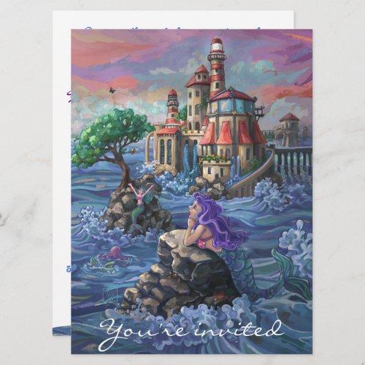 マーメイド誕生日パーティーの招待 招待状 (正面/裏面)