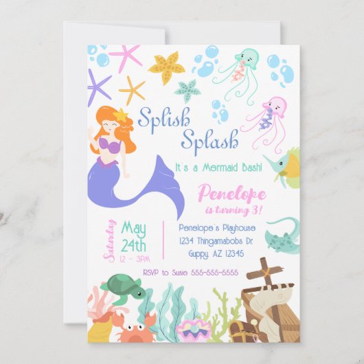 マーメイド誕生日パーティーの招待 招待状 (正面)