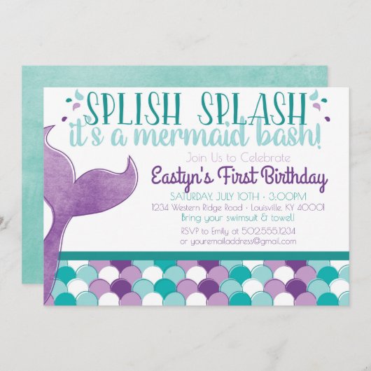 マーメイド誕生日パーティーの招待 招待状 (正面/裏面)