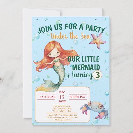 マーメイド誕生日パーティーの招待 招待状 (正面)