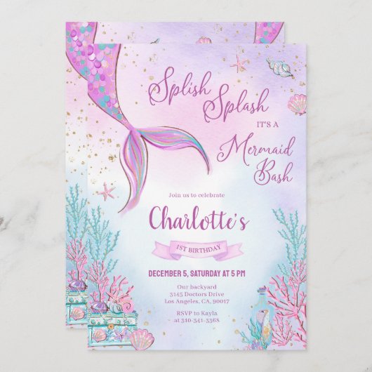 マーメイド誕生日パーティーの招待 招待状 (正面/裏面)