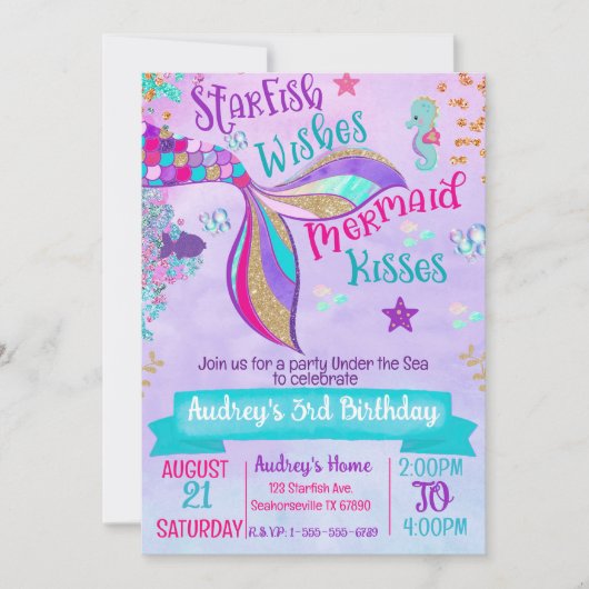 マーメイド誕生日パーティーアンダーザシー招待状 招待状 (正面)
