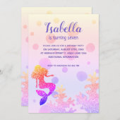 マーメイド誕生日パーティーピンクパープルスパークル 招待状 (正面/裏面)