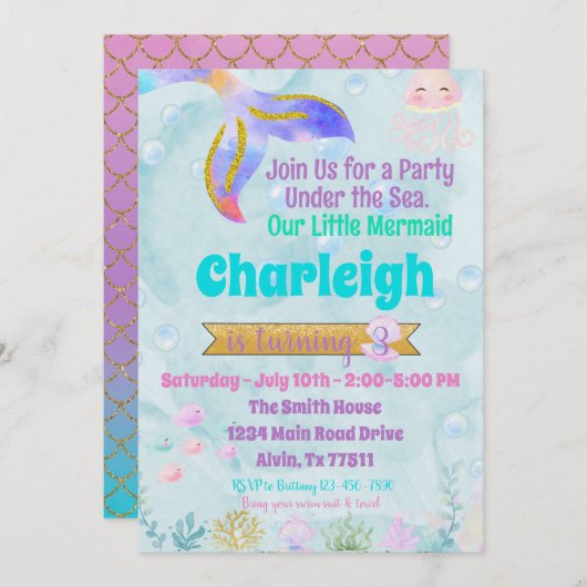 マーメイド誕生日パーティープールパーティー開始インビ 招待状 (正面/裏面)