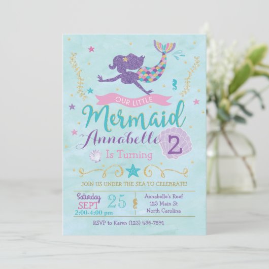 マーメイド誕生日パーティー招待パープルピンク金ゴールド 招待状 (スタンド正面)