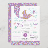 マーメイド誕生日パーティー招待パープル&金ゴールド 招待状 (正面/裏面)