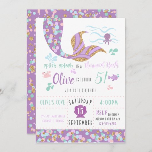 マーメイド誕生日パーティー招待パープル&金ゴールド 招待状 (正面/裏面)