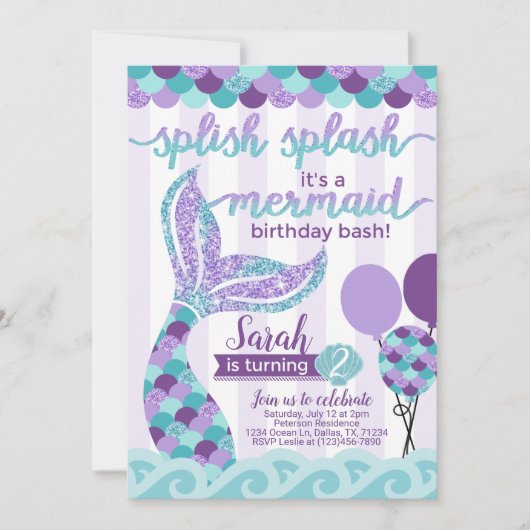 マーメイド誕生日パーティー招待招待状 招待状 (正面)