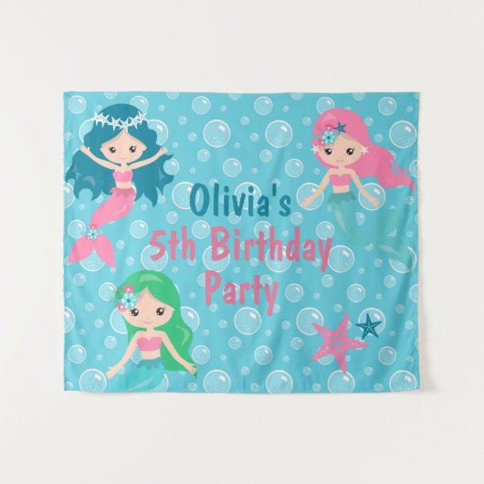 マーメイド誕生日パーティー背景カスタマイズ タペストリー (正面(横))