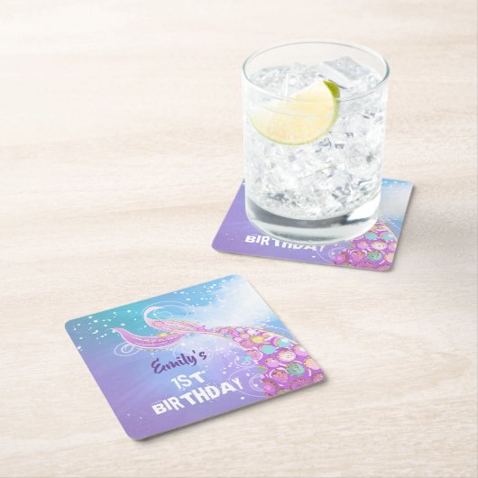 マーメイド誕生日パーティー スクエアペーパーコースター (インサイチュ)