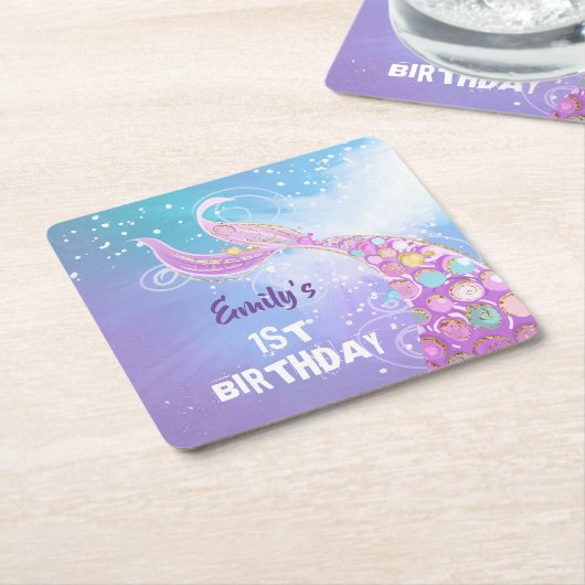 マーメイド誕生日パーティー スクエアペーパーコースター (アングル)