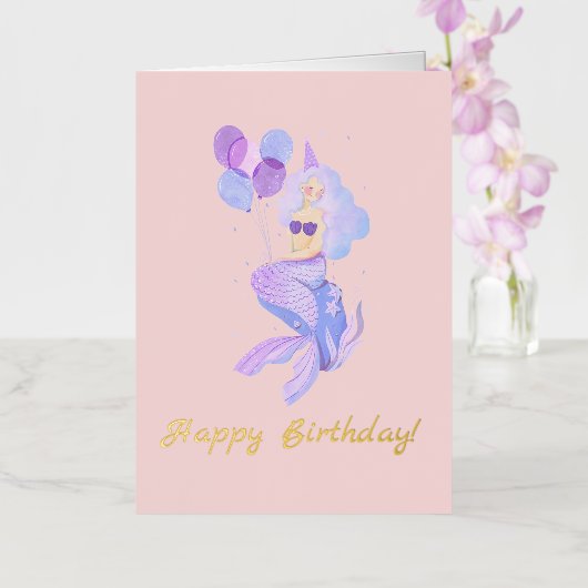 マーメイド誕生日ピンクピーチ 箔グリーティングカード (蘭)