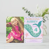 マーメイド誕生日ピンク紫のティール(緑がかった色)グリッター写真 招待状 (スタンド正面)