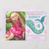 マーメイド誕生日ピンク紫のティール(緑がかった色)グリッター写真 招待状 (正面/裏面)