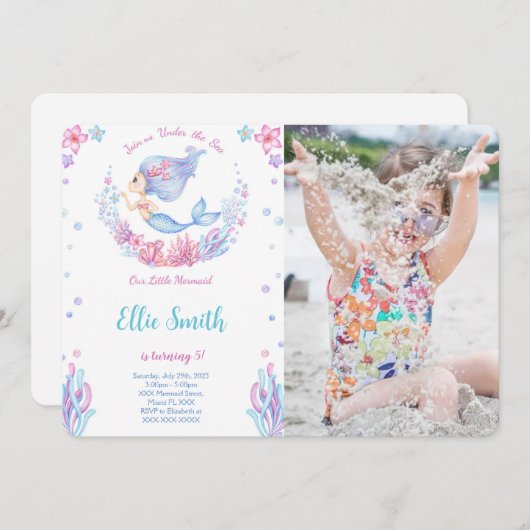 マーメイド誕生日フォト招待状 招待状 (正面/裏面)
