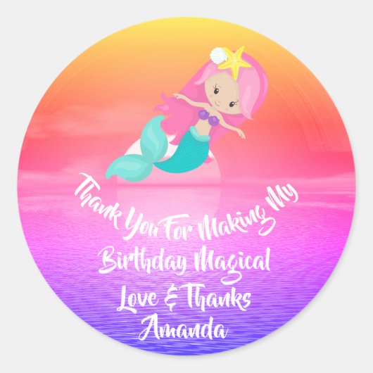 マーメイド誕生日フライトガールトロピックサンセットピンク ラウンドシール (正面)