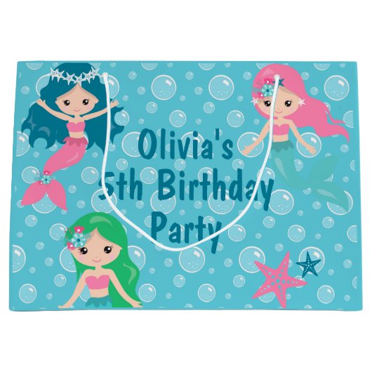 マーメイド誕生日プリペーシズパーティーサプライカスタムズ ラージペーパーバッグ (正面)