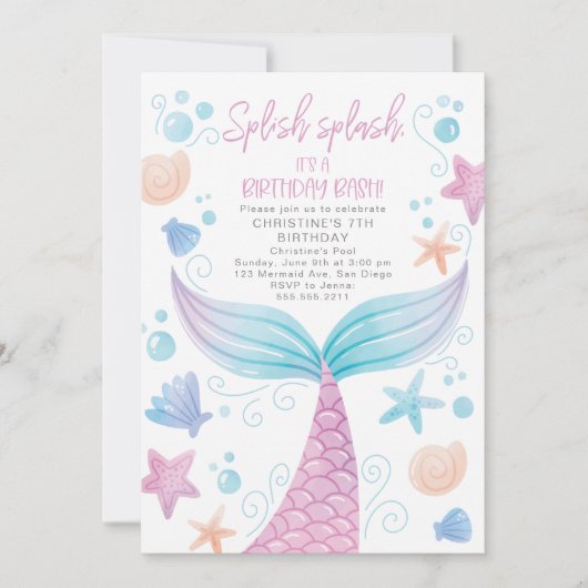 マーメイド誕生日プールパーティの招待状 招待状 (正面)