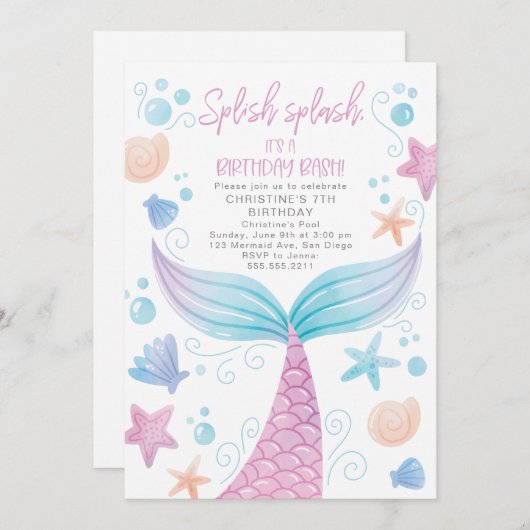 マーメイド誕生日プールパーティの招待状 招待状 (正面/裏面)