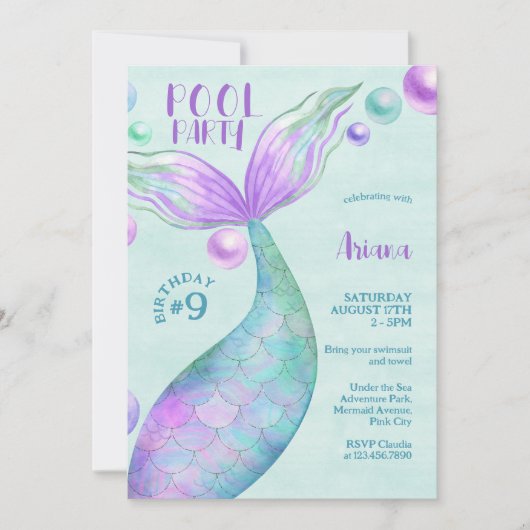 マーメイド誕生日プールパーティの招待状 招待状 (正面)
