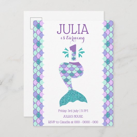 マーメイド誕生日マーメイド番号1 インビテーションポストカード (正面/裏面)