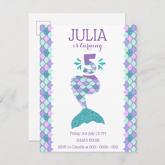 マーメイド誕生日マーメイド番号5 インビテーションポストカード (正面/裏面)