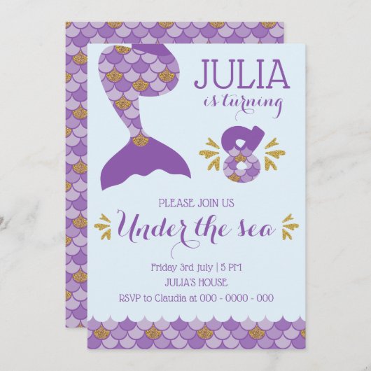 マーメイド誕生日マーメイド番号8 招待状 (正面/裏面)