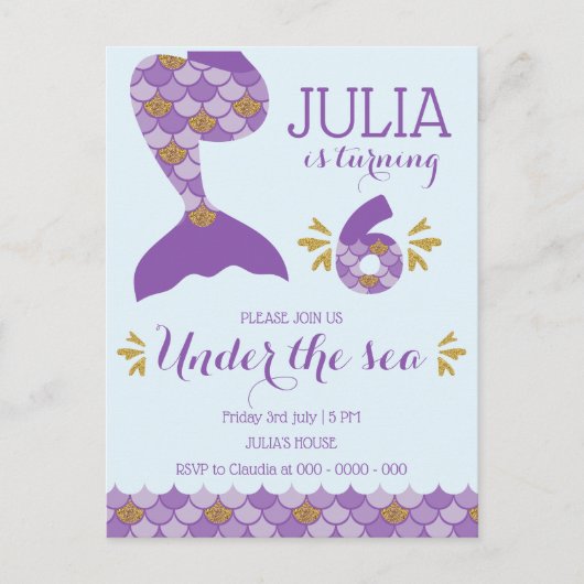 マーメイド誕生日マーメイドNumber 6 インビテーションポストカード (正面)