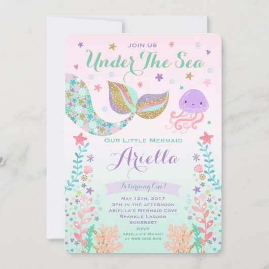 マーメイド誕生日招待状アンダーザシーパーティー 招待状 (正面)