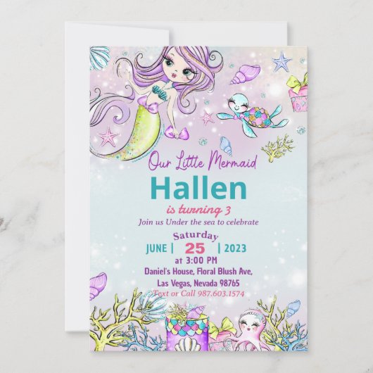 マーメイド誕生日招待状アンダーザシーパーティー 招待状 (正面)