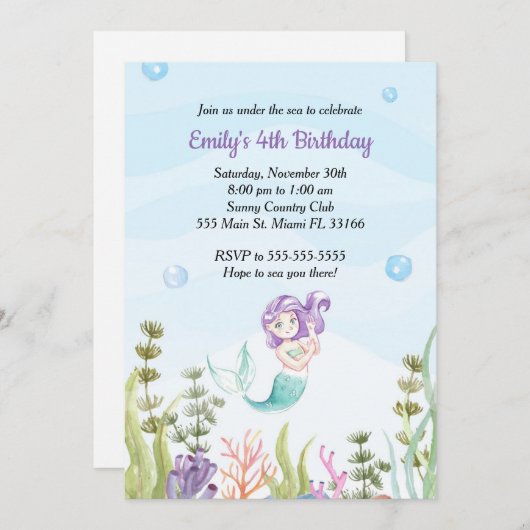 マーメイド誕生日招待状アンダーザシー 招待状 (正面/裏面)