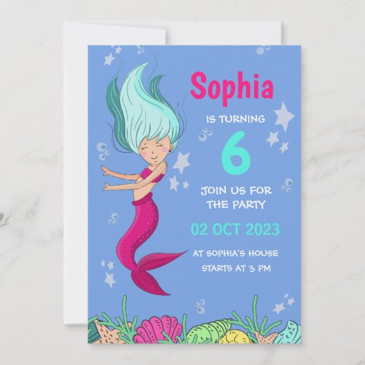 マーメイド誕生日招待状ガールズバーデイパーティー 招待状 (正面)