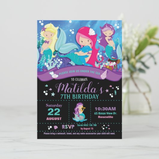 マーメイド誕生日招待状ガールズパーティー招待状 招待状 (スタンド正面)