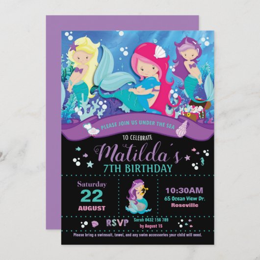 マーメイド誕生日招待状ガールズパーティー招待状 招待状 (正面/裏面)