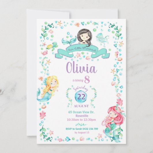マーメイド誕生日招待状ガールズプールパーティー 招待状 (正面)