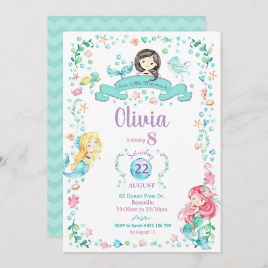 マーメイド誕生日招待状ガールズプールパーティー 招待状 (正面/裏面)