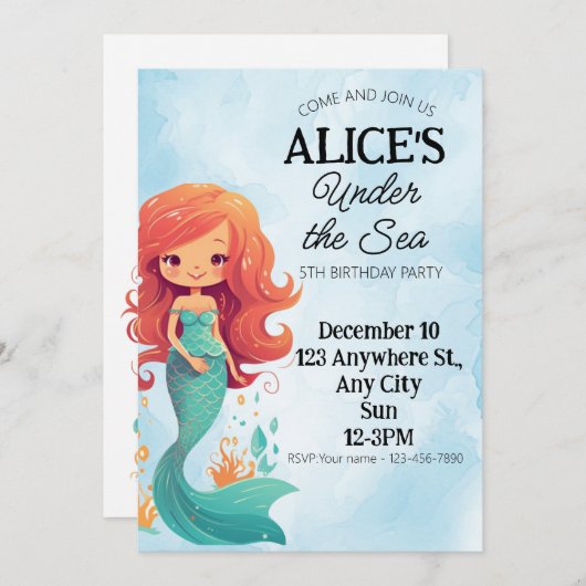 マーメイド誕生日招待状ザシーカード 招待状 (正面/裏面)