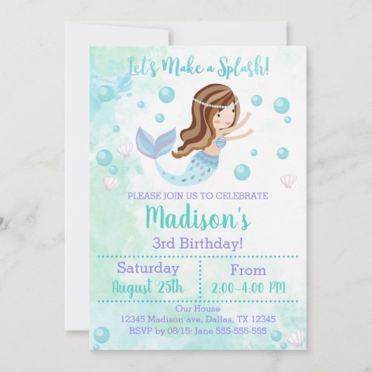 マーメイド誕生日招待状ティール（緑がかった色）とパープル 招待状 (正面)